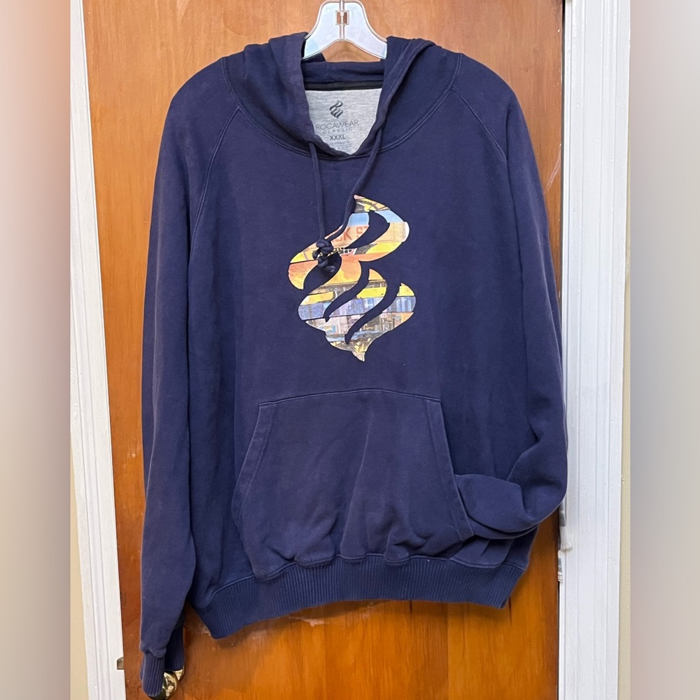 Rocawear Dark Blue Men's Hoodie with Graphic Kangaroo Pocket Winter 3X